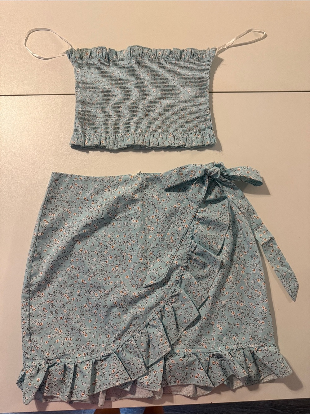 Women's Light Blue Floral Wrap Skirt Set with Ruffle Trim